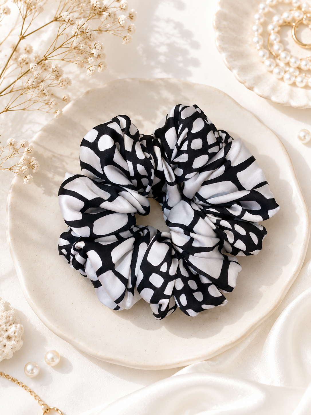 Monochrome Mosaic Silk Scrunchie